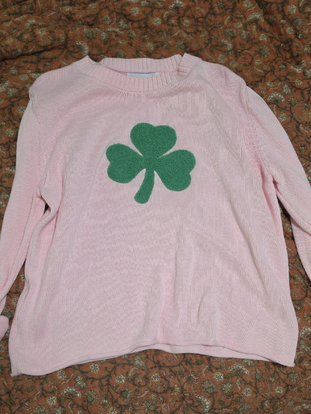Vintage Pink Crewneck Sweater with Green Clover Applique